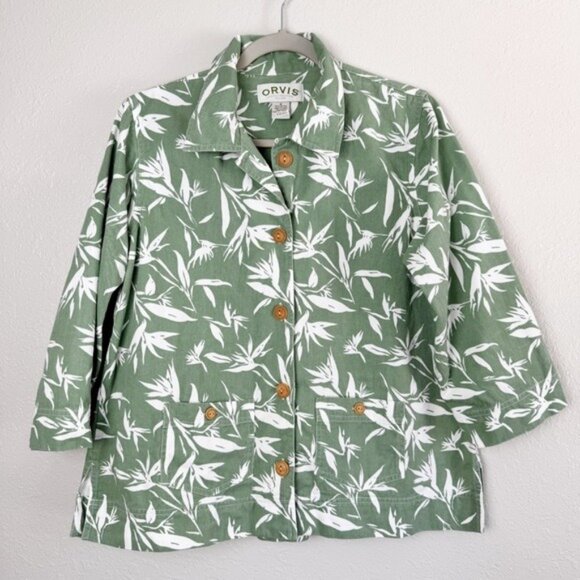 Orvis Green Leaf bamboo Print button denim jacket 12 - Picture 1 of 11